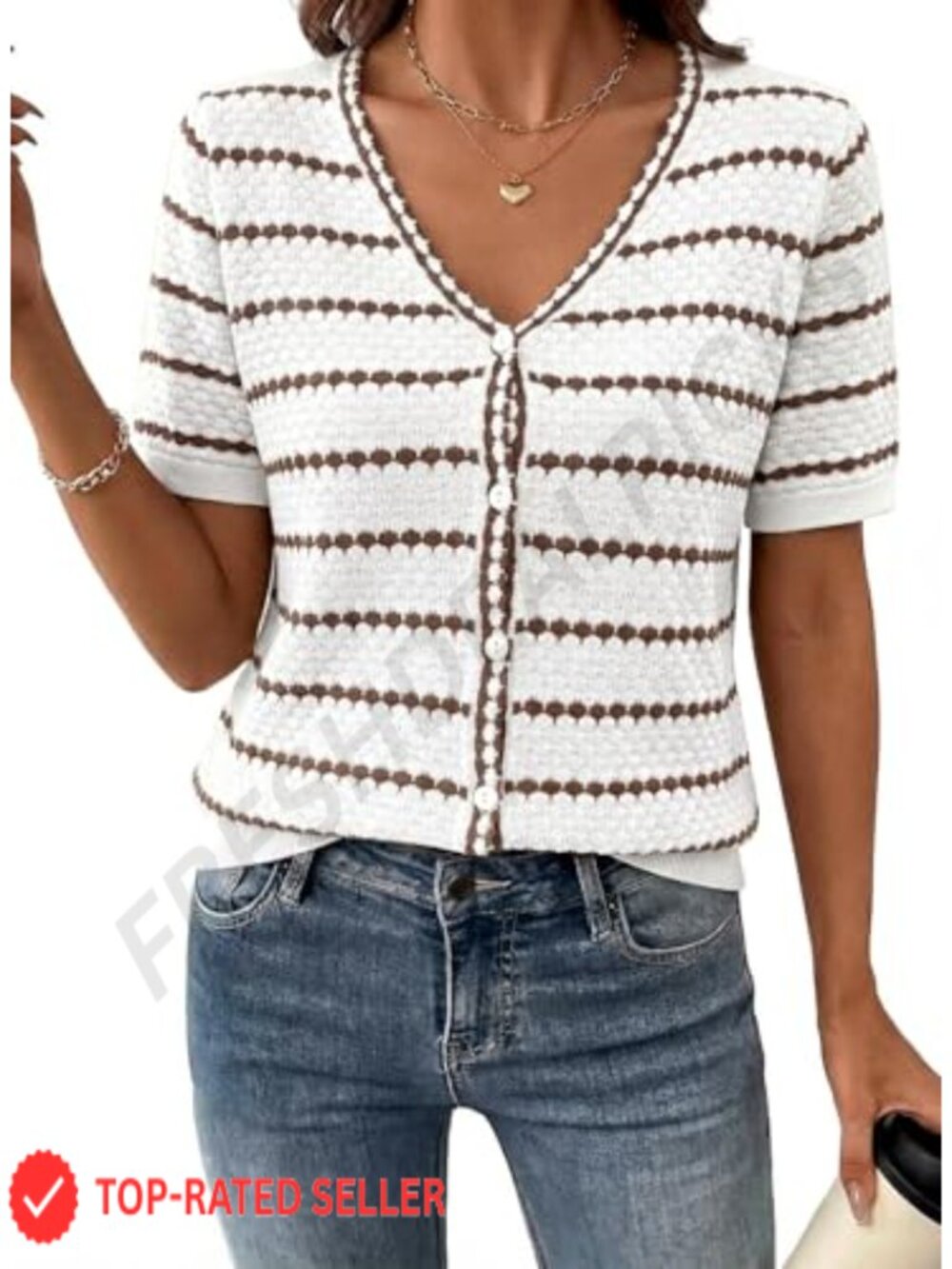 Crochet Striped V Neck Short Sleeve Cardigan Button Down Lightweight Knit